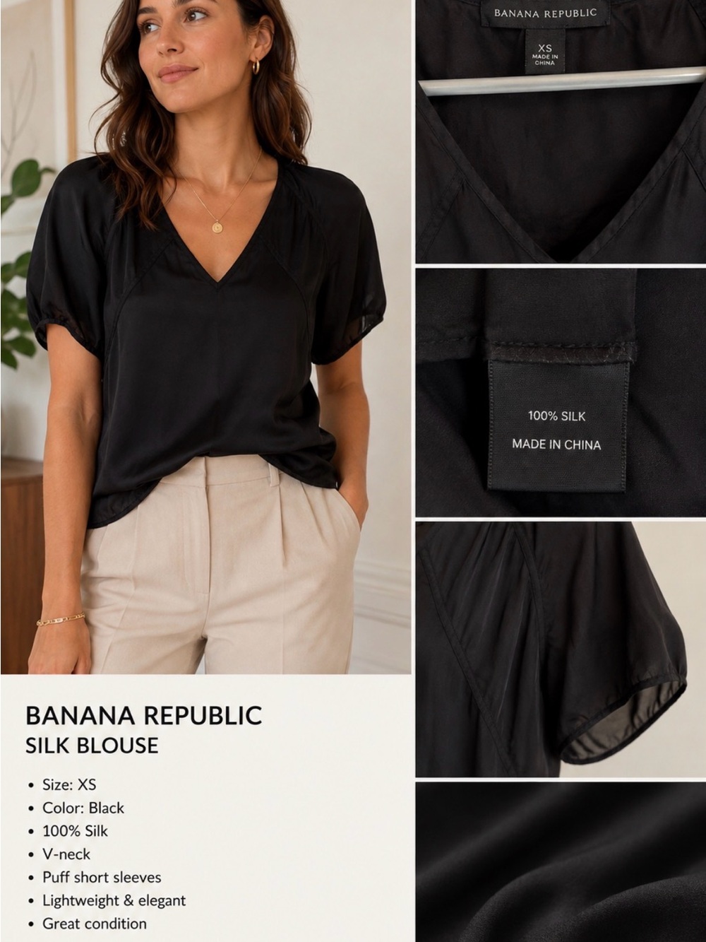 Banana Republic Black Silk V-Neck Short Puff Sleeve Blouse